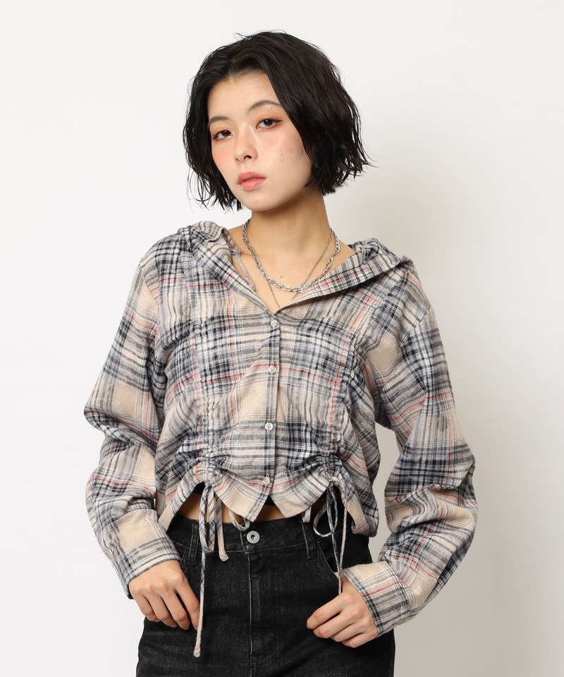 フード付きチェックトップス 詳細画像 ベージュ 2