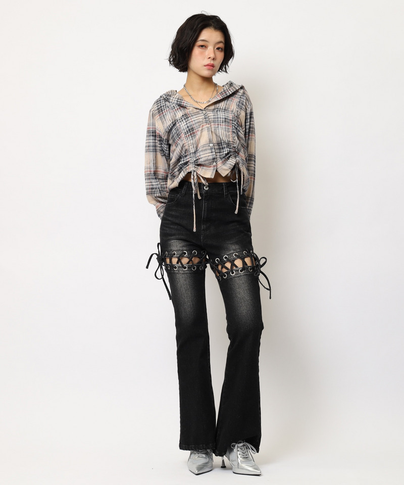 フード付きチェックトップス 詳細画像 ベージュ 5