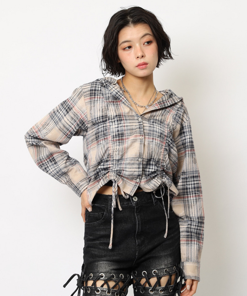 フード付きチェックトップス 詳細画像 ベージュ 6