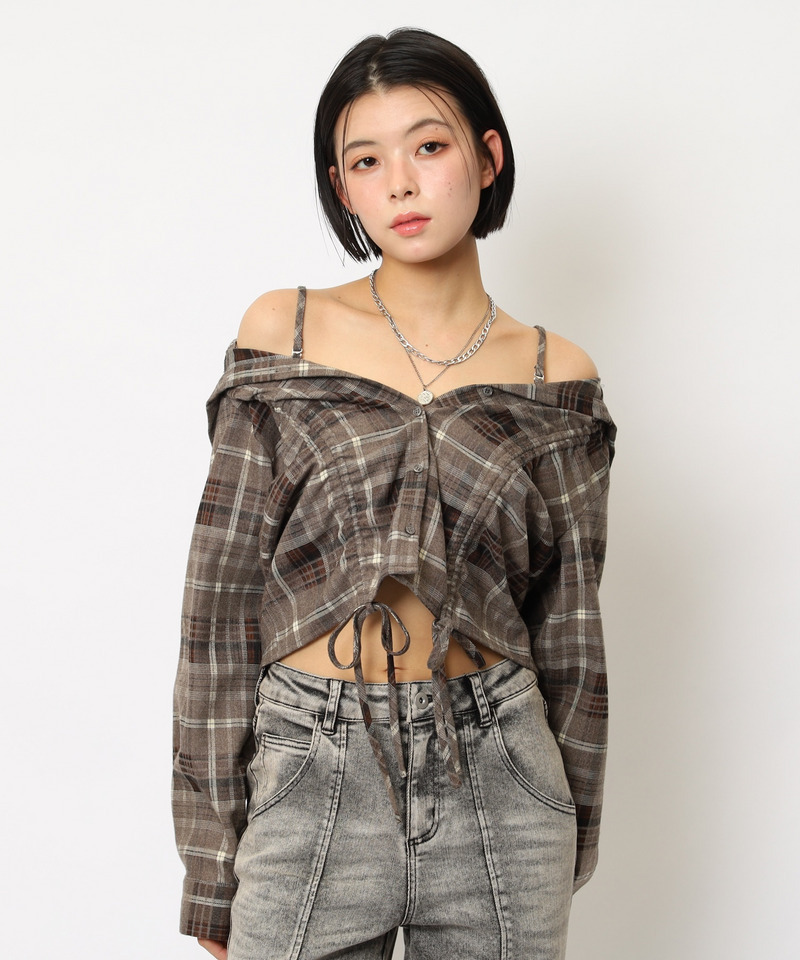 フード付きチェックトップス 詳細画像 ブラウン 1