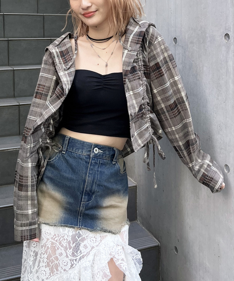 フード付きチェックトップス 詳細画像 ブラウン 3