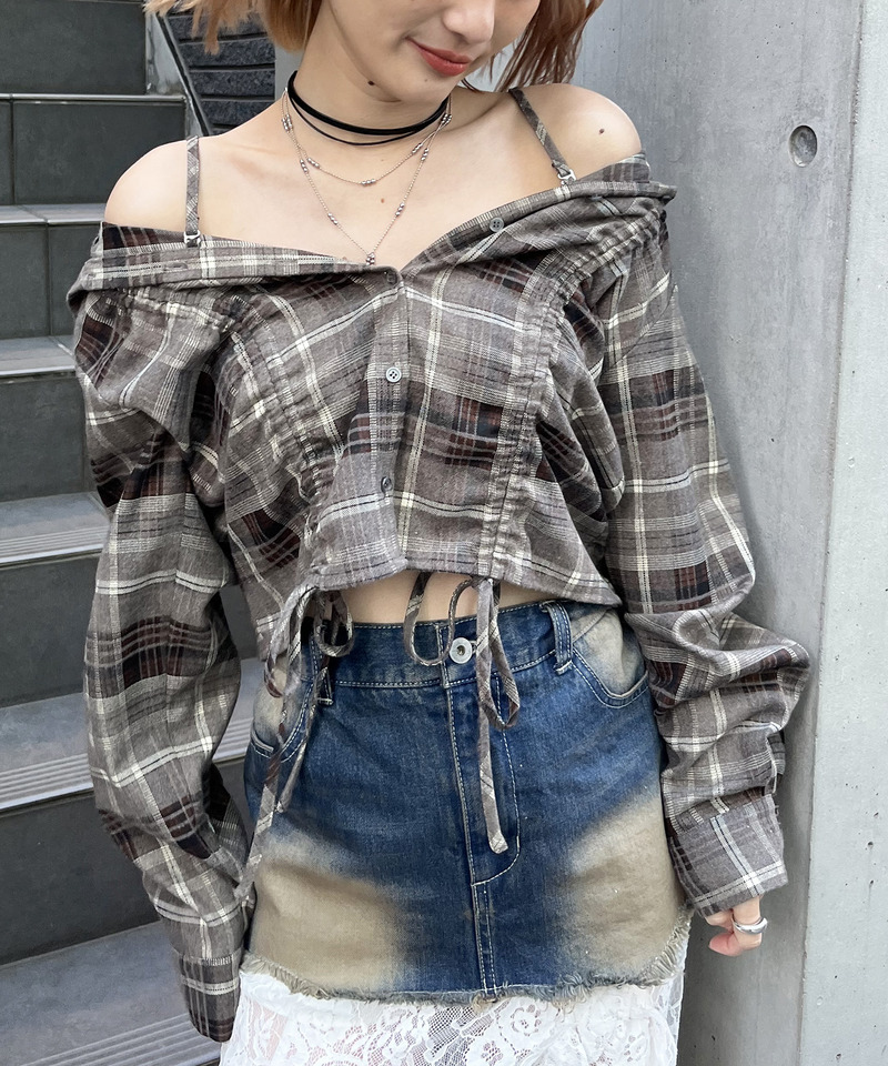 フード付きチェックトップス 詳細画像 ブラウン 6