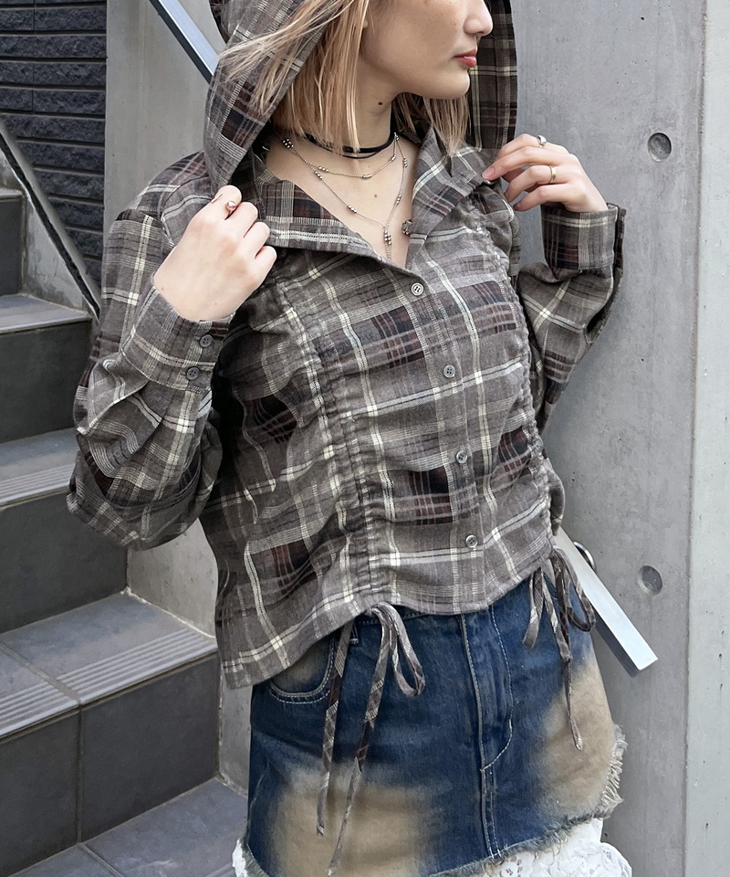 フード付きチェックトップス 詳細画像 ブラウン 7