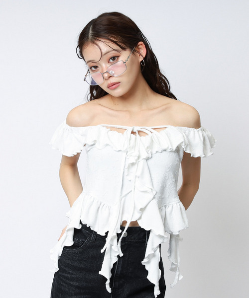 オフショルラメラッフルトップス 詳細画像