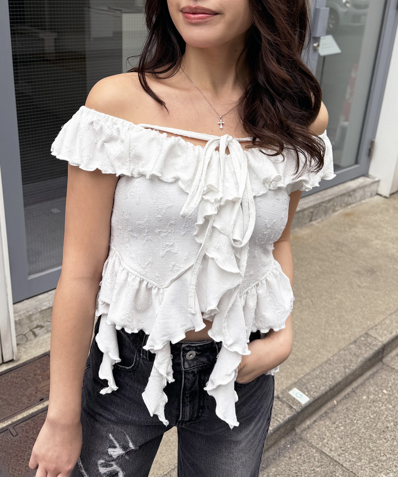 オフショルラメラッフルトップス 詳細画像 オフホワイト 14