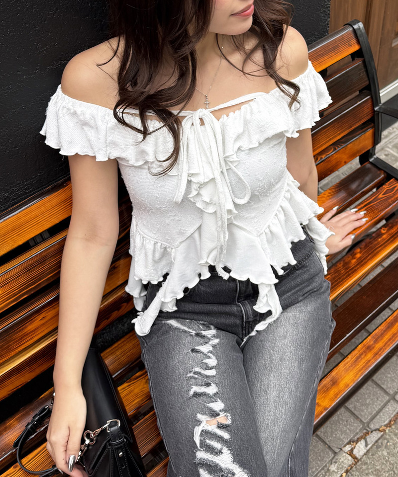 オフショルラメラッフルトップス 詳細画像 オフホワイト 16