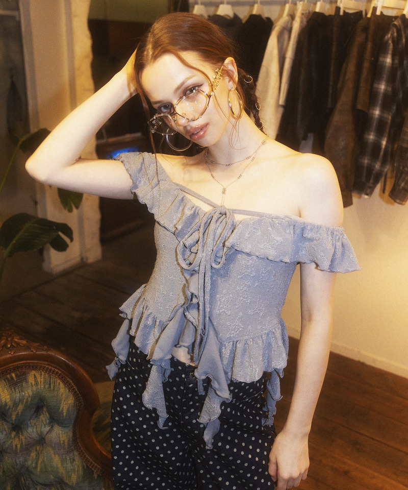 オフショルラメラッフルトップス 詳細画像 グレー 1