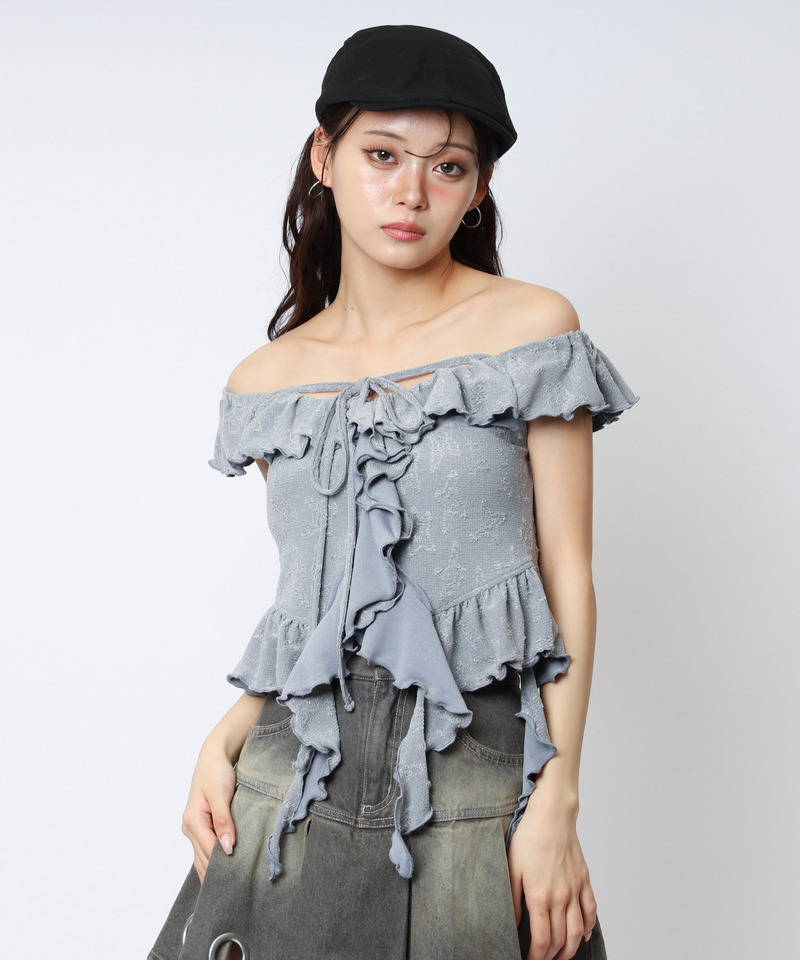オフショルラメラッフルトップス 詳細画像 グレー 5