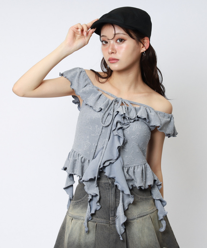 オフショルラメラッフルトップス 詳細画像 グレー 6