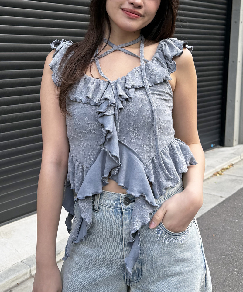 オフショルラメラッフルトップス 詳細画像 グレー 9