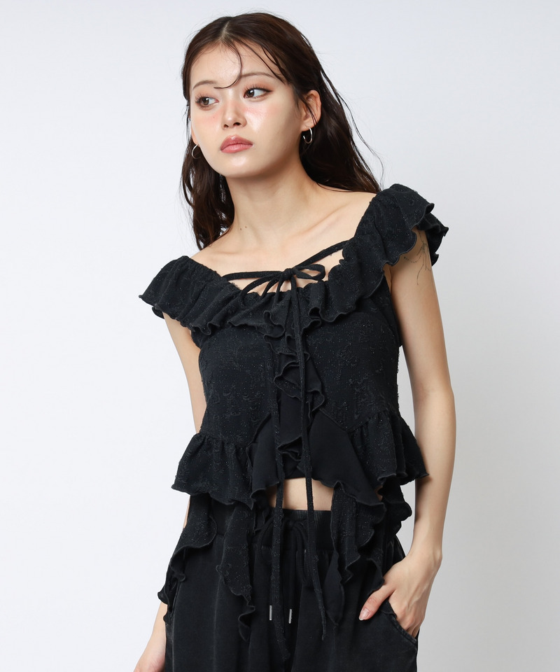 オフショルラメラッフルトップス 詳細画像 ブラック 1