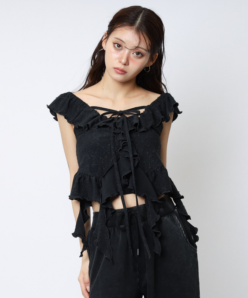 オフショルラメラッフルトップス 詳細画像 ブラック 2
