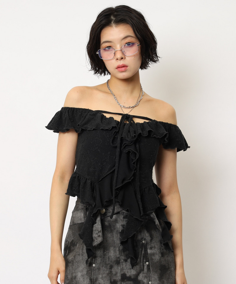 オフショルラメラッフルトップス 詳細画像 ブラック 5