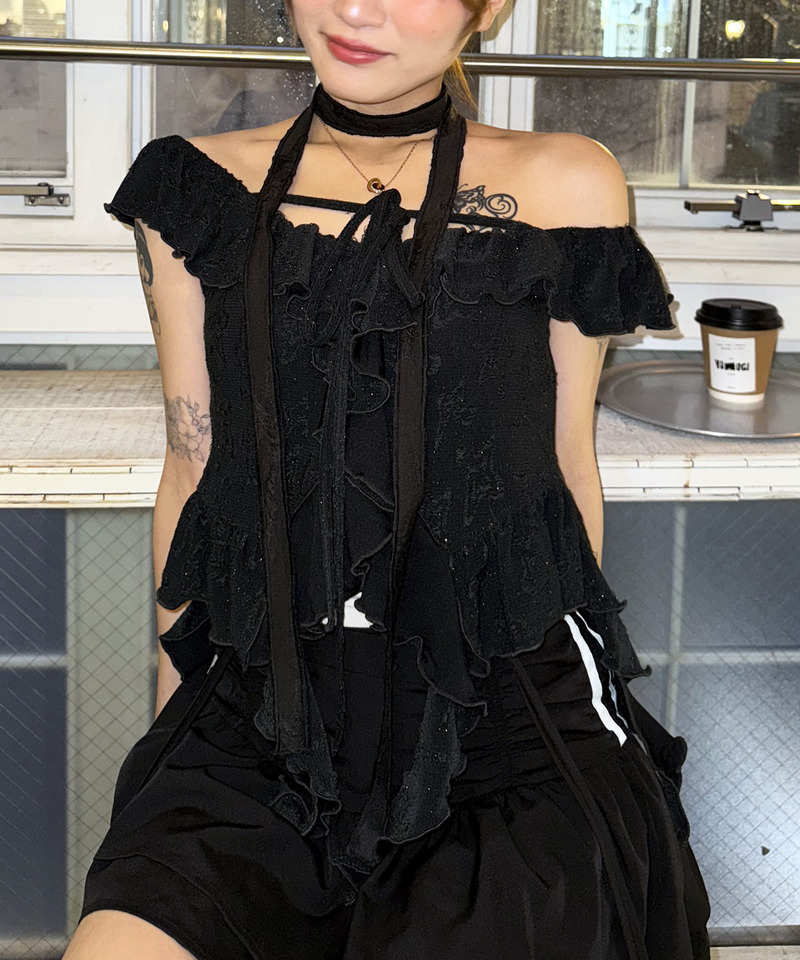 オフショルラメラッフルトップス 詳細画像 ブラック 8