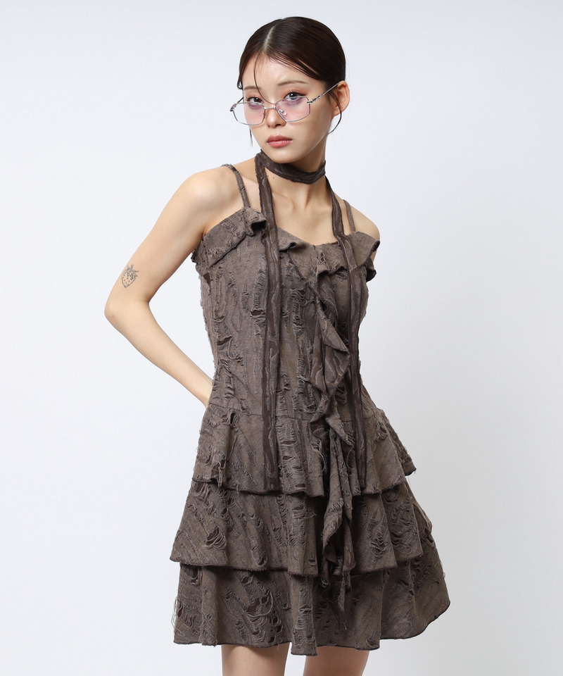 チョーカーティアードダメージワンピース 詳細画像 ブラウン 1