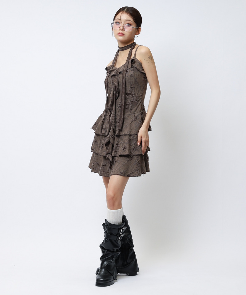 チョーカーティアードダメージワンピース 詳細画像 ブラウン 3