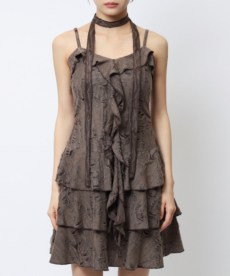 チョーカーティアードダメージワンピース 詳細画像 ブラウン 4