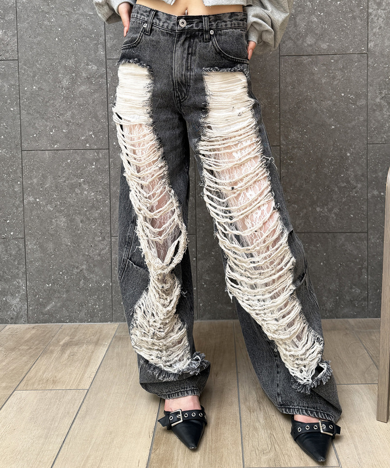 レースクラッシュデニムパンツ 詳細画像 ブラックデニム 8