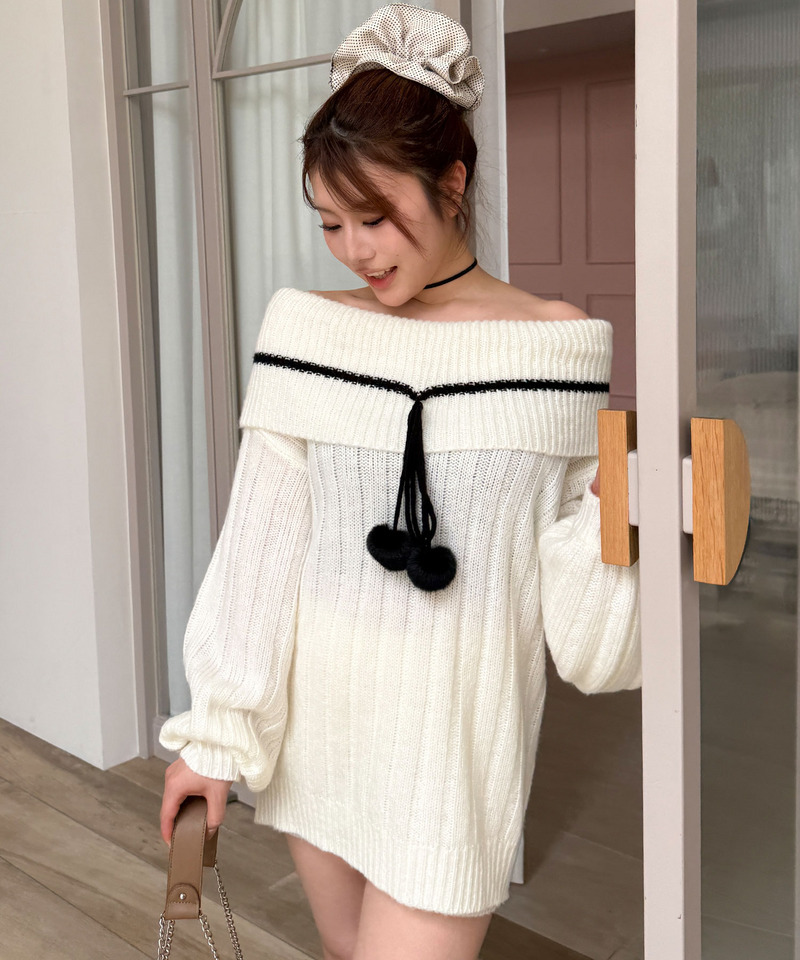 ぽんぽん付きオフショルニット&times;ショートパンツセットアップ 詳細画像 ホワイト 6