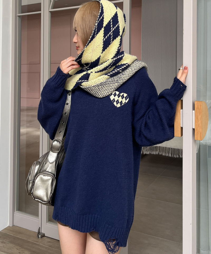 アーガイル柄マフラー付きニット 詳細画像 ネイビー 6