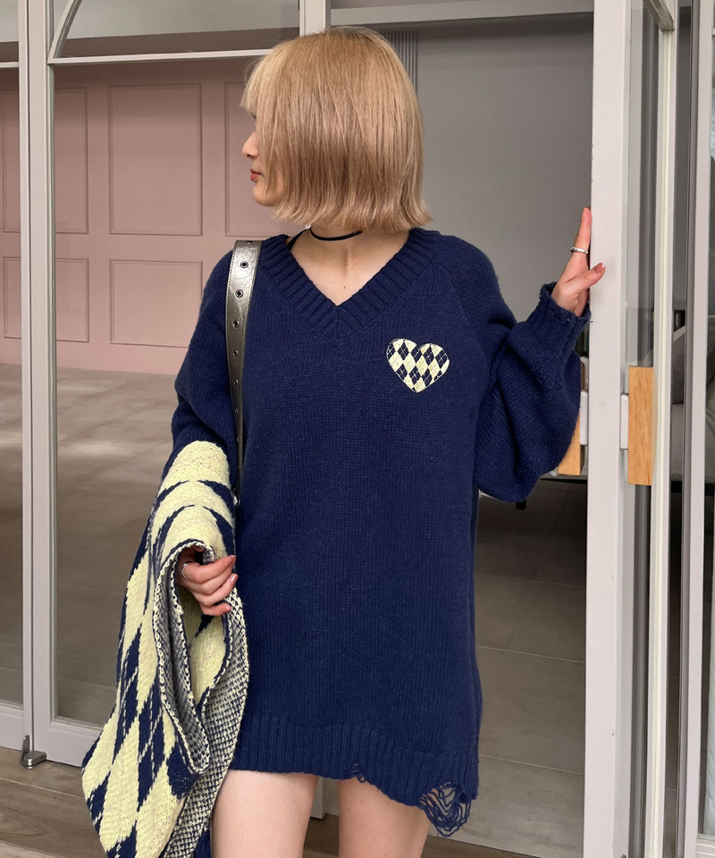 アーガイル柄マフラー付きニット 詳細画像 ネイビー 9