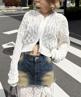 透かし編みダブルジップニットパーカー