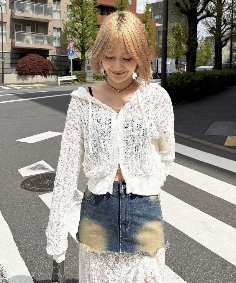 透かし編みダブルジップニットパーカー 詳細画像 ホワイト 2