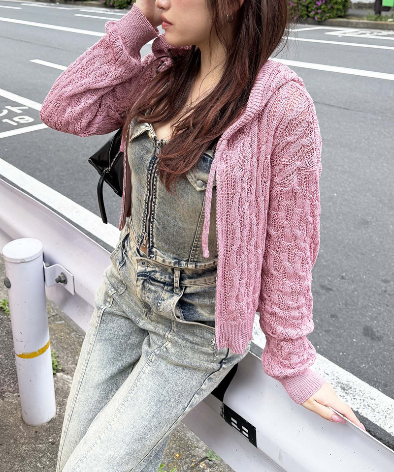 透かし編みダブルジップニットパーカー 詳細画像 ピンク 2