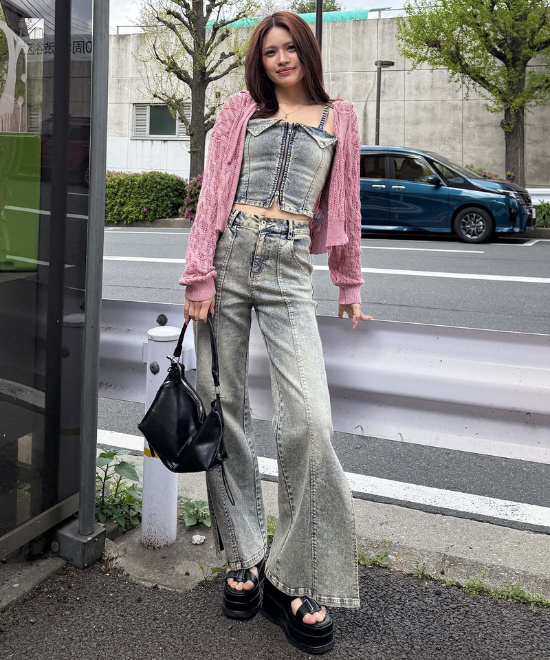 透かし編みダブルジップニットパーカー 詳細画像 ピンク 4