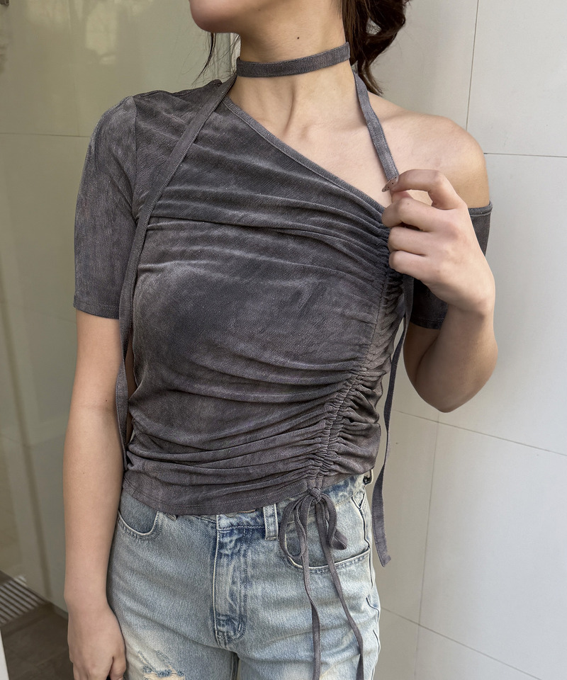 サイドギャザーワンショルトップス 詳細画像 グレー 2