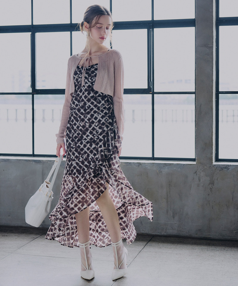 オリジナルフラワー柄ラメカーデアンサンブルワンピース 詳細画像 ブラウン 1