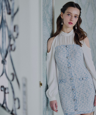 コールドショルダードッキングニットツイードタイトミニワンピース