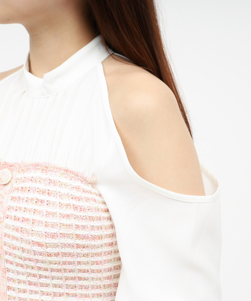 コールドショルダードッキングニットツイードタイトミニワンピース 詳細画像 ピンク 6