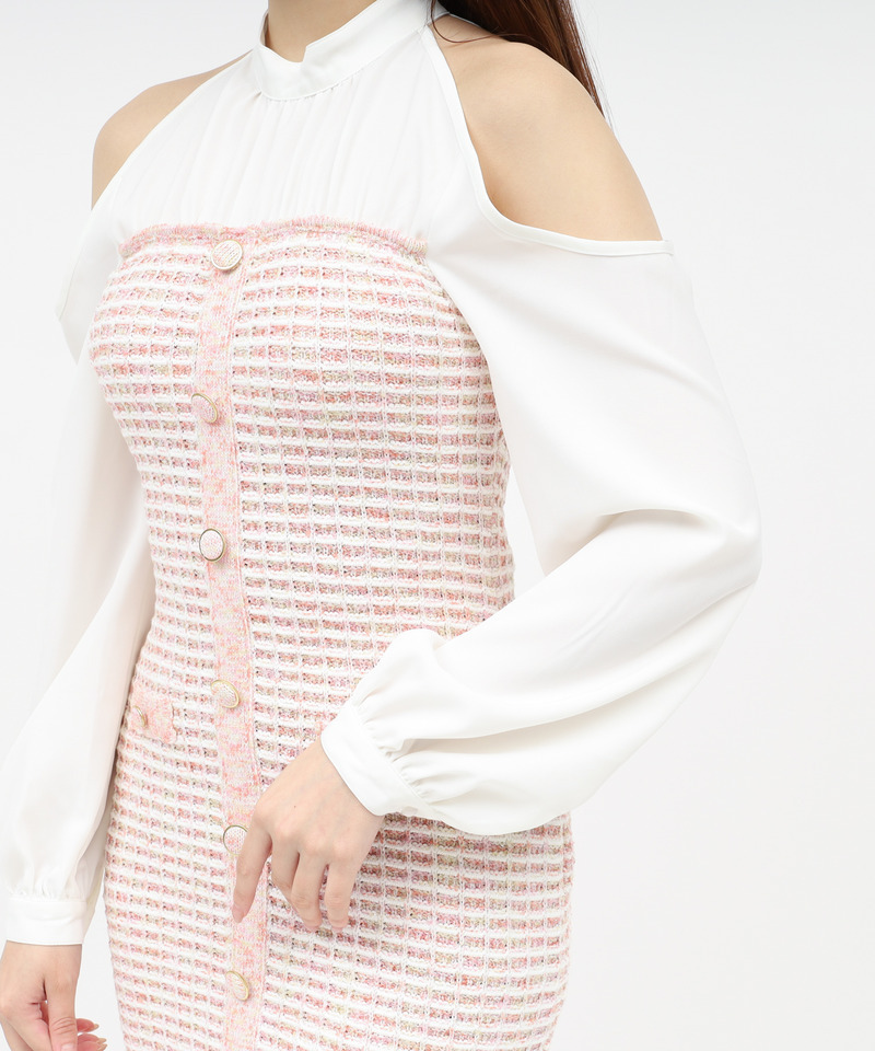 コールドショルダードッキングニットツイードタイトミニワンピース 詳細画像 ピンク 7