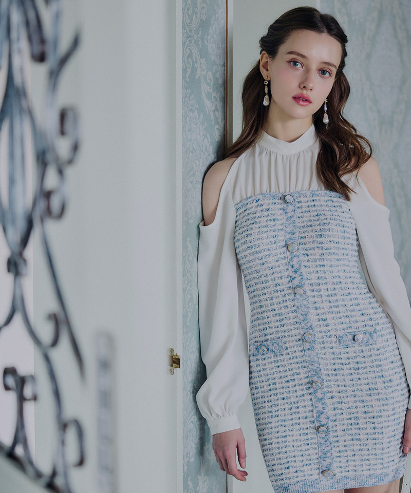 コールドショルダードッキングニットツイードタイトミニワンピース 詳細画像 ブルー 1