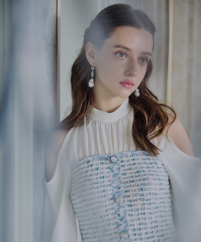 コールドショルダードッキングニットツイードタイトミニワンピース 詳細画像 ブルー 4