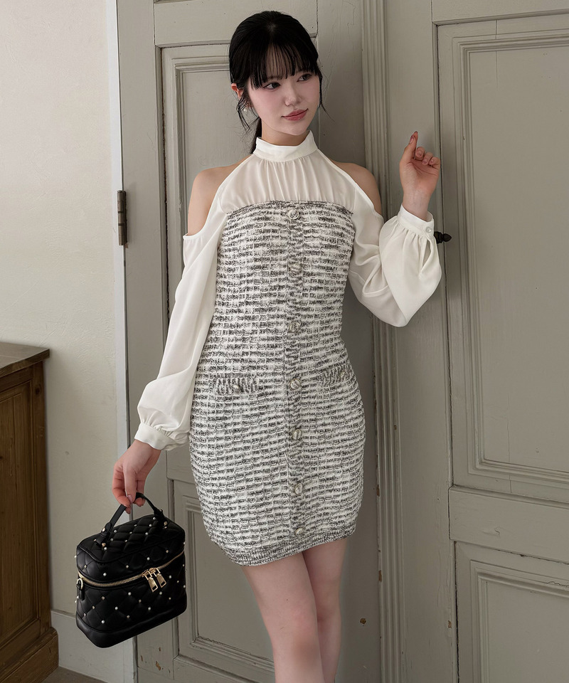 コールドショルダードッキングニットツイードタイトミニワンピース 詳細画像 ブラック 2