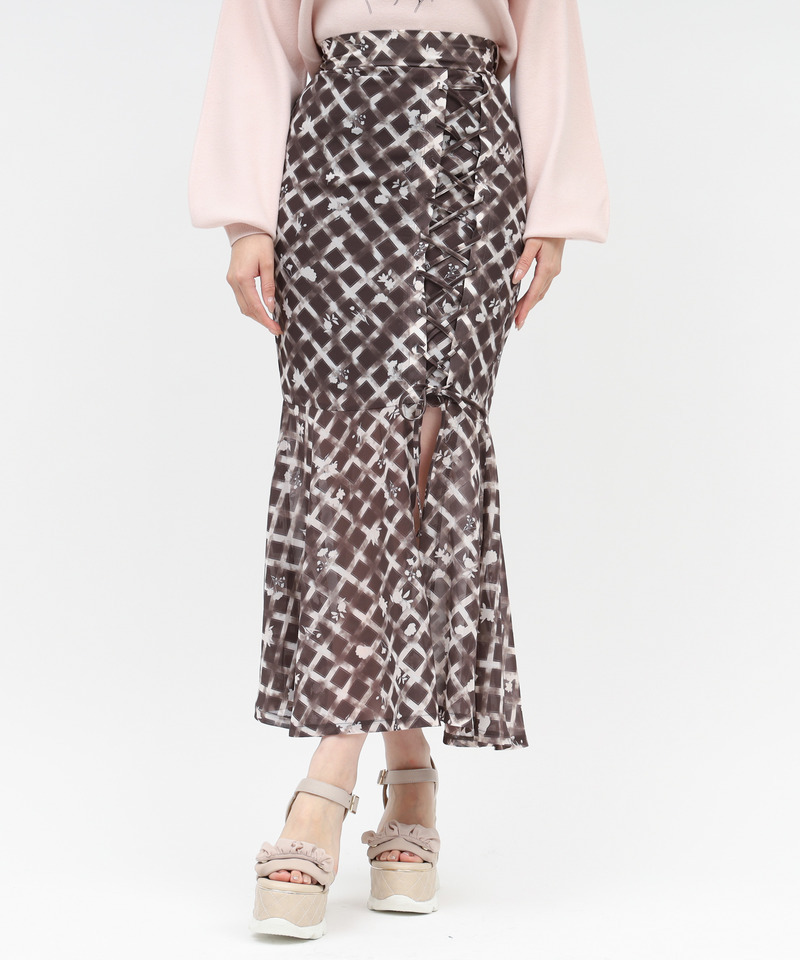 オリジナルフラワー柄レースアップマーメイドスカート 詳細画像 ブラウン 1