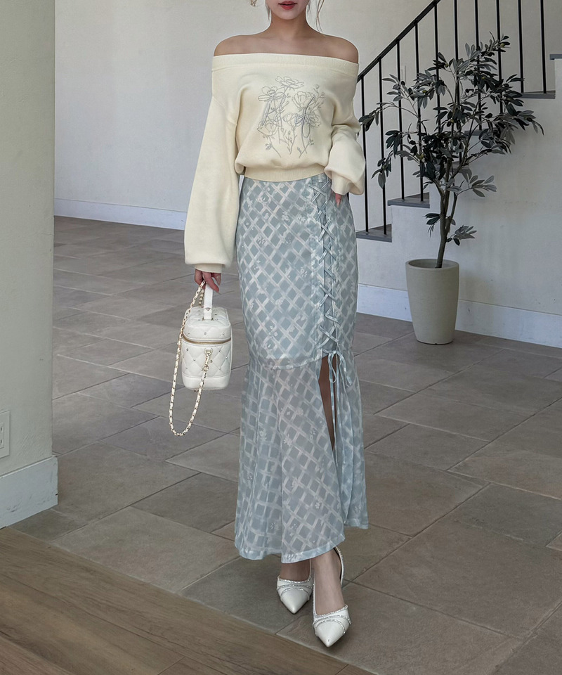 オリジナルフラワー柄レースアップマーメイドスカート 詳細画像 ブルー 13