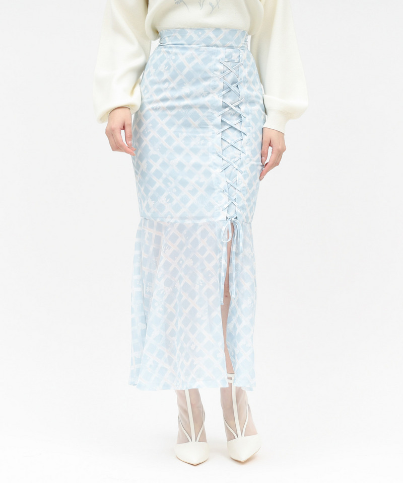 オリジナルフラワー柄レースアップマーメイドスカート 詳細画像 ブルー 2