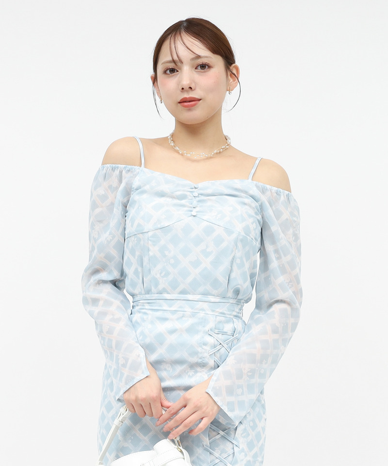 オリジナルフラワー柄オフショルダーブラウス 詳細画像 ブルー 2