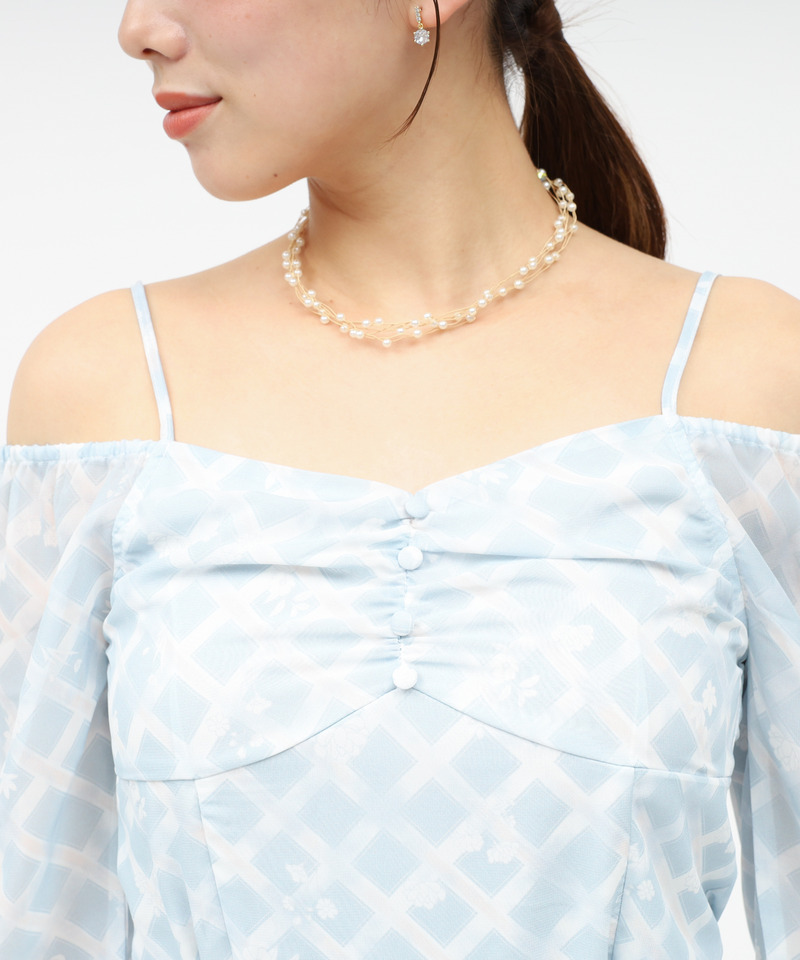 オリジナルフラワー柄オフショルダーブラウス 詳細画像 ブルー 5