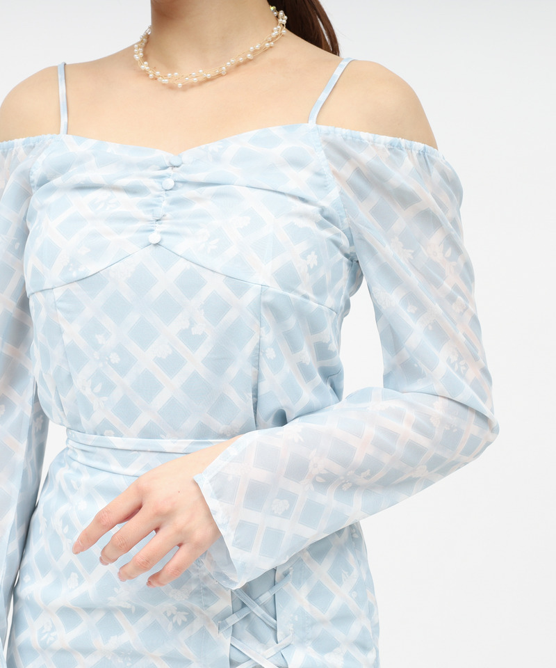 オリジナルフラワー柄オフショルダーブラウス 詳細画像 ブルー 7