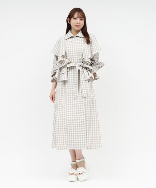 ギンガムチェックラッフルロングコート 詳細画像