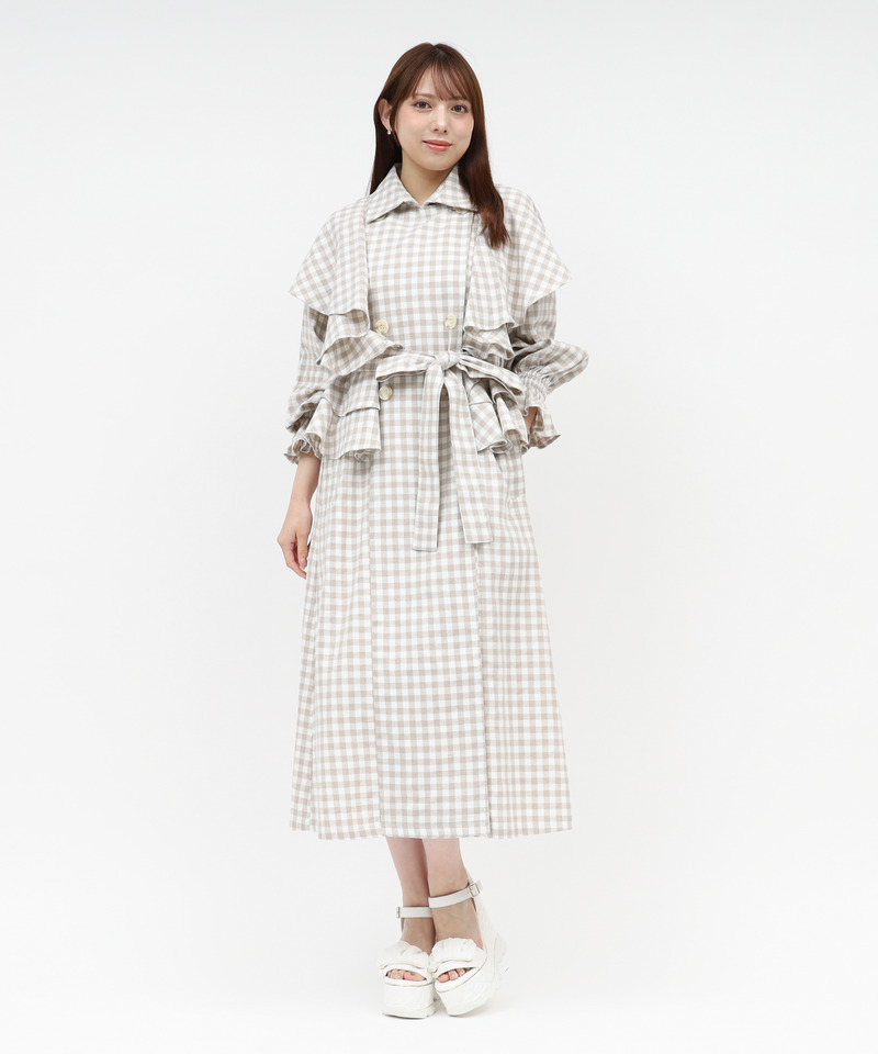 ギンガムチェックラッフルロングコート 詳細画像 ベージュ 1