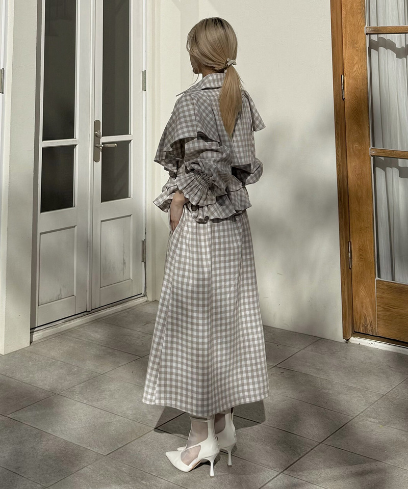 ギンガムチェックラッフルロングコート 詳細画像 ベージュ 12