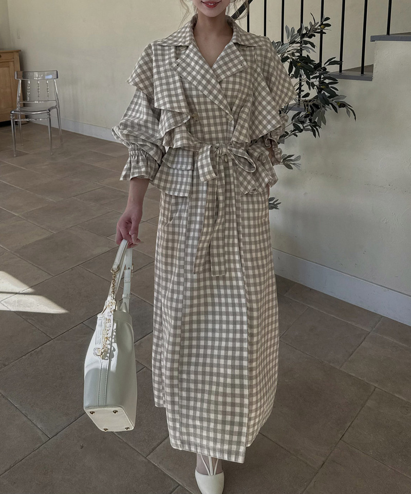 ギンガムチェックラッフルロングコート 詳細画像 ベージュ 13