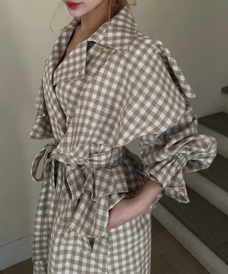 ギンガムチェックラッフルロングコート 詳細画像 ベージュ 14