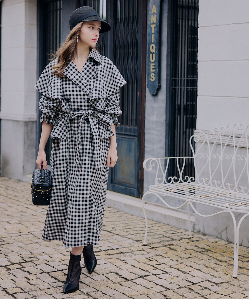 ギンガムチェックラッフルロングコート 詳細画像 ブラック 1