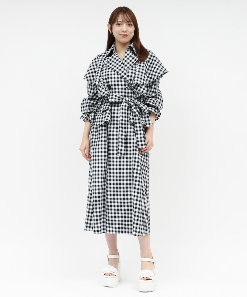 ギンガムチェックラッフルロングコート 詳細画像 ブラック 2